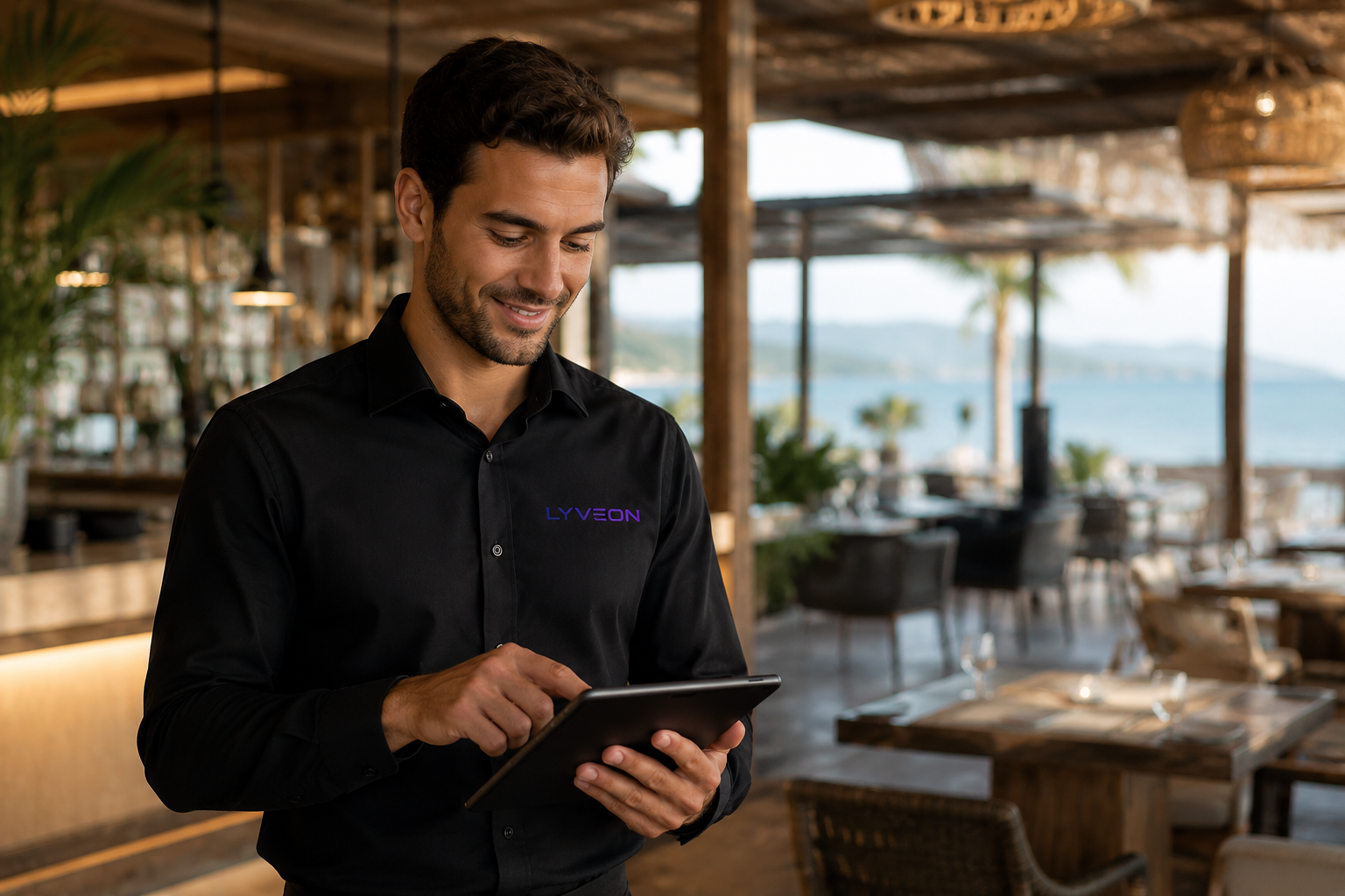 Maître d'hôtel qui pilote son plan de salle Lyveon depuis l'iPad pendant le service
