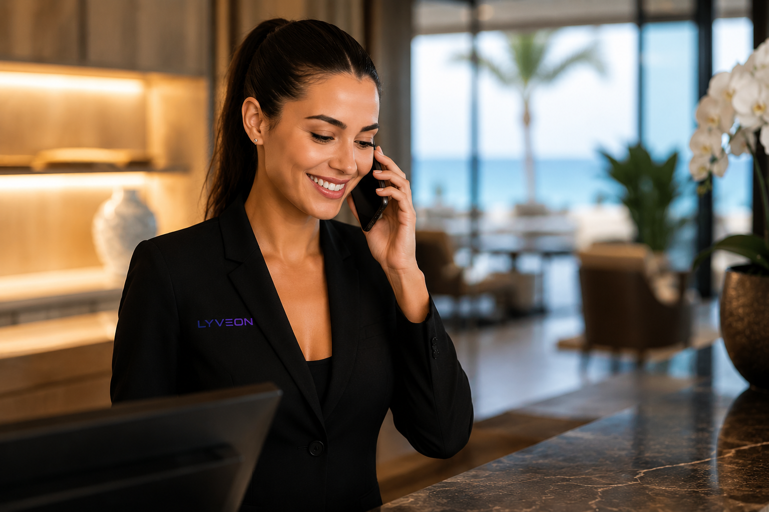 Membre du personnel du restaurant souriant pendant un appel client identifié par LyvCall