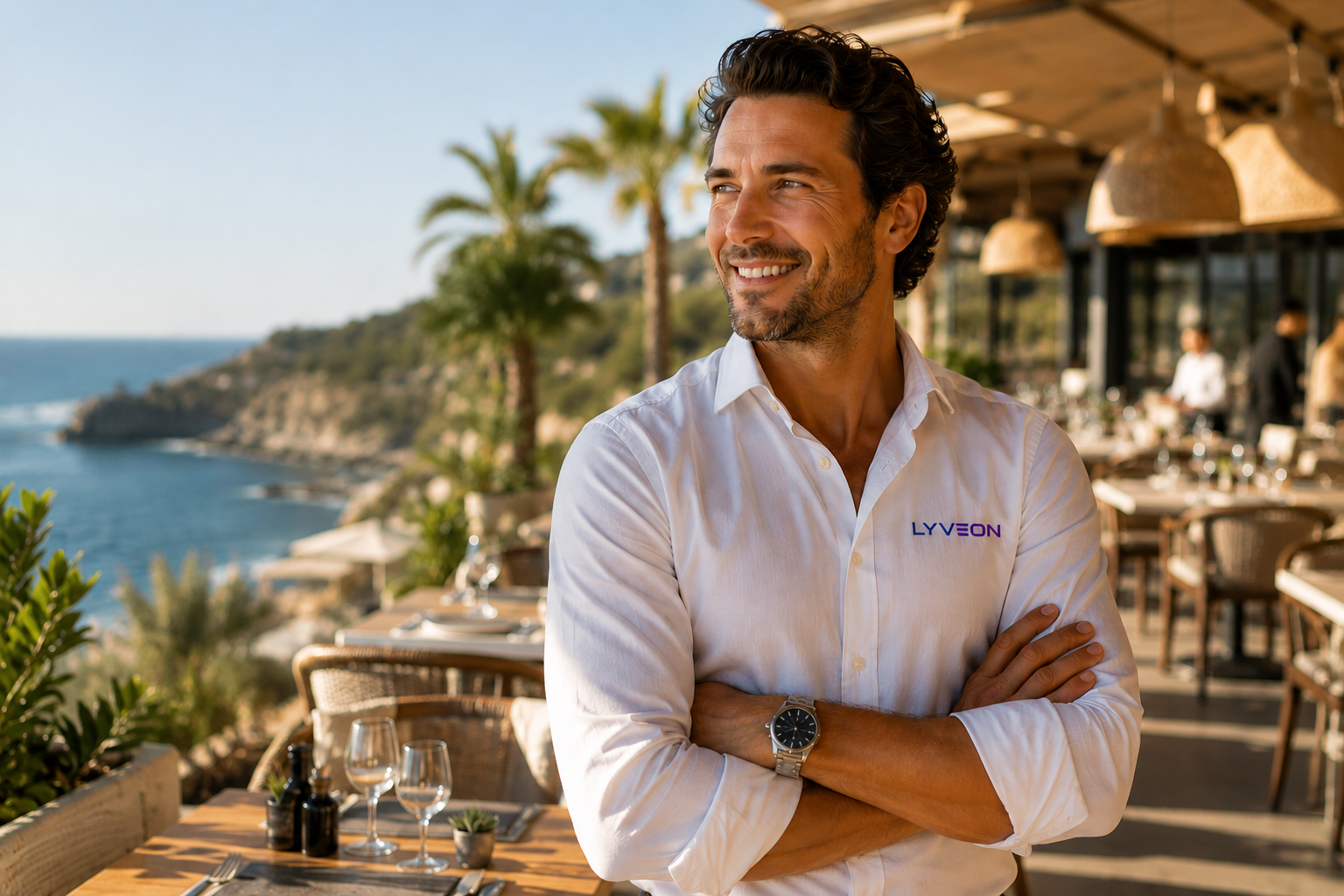 Restaurateur souriant en salle, qui pilote son service avec Lyveon