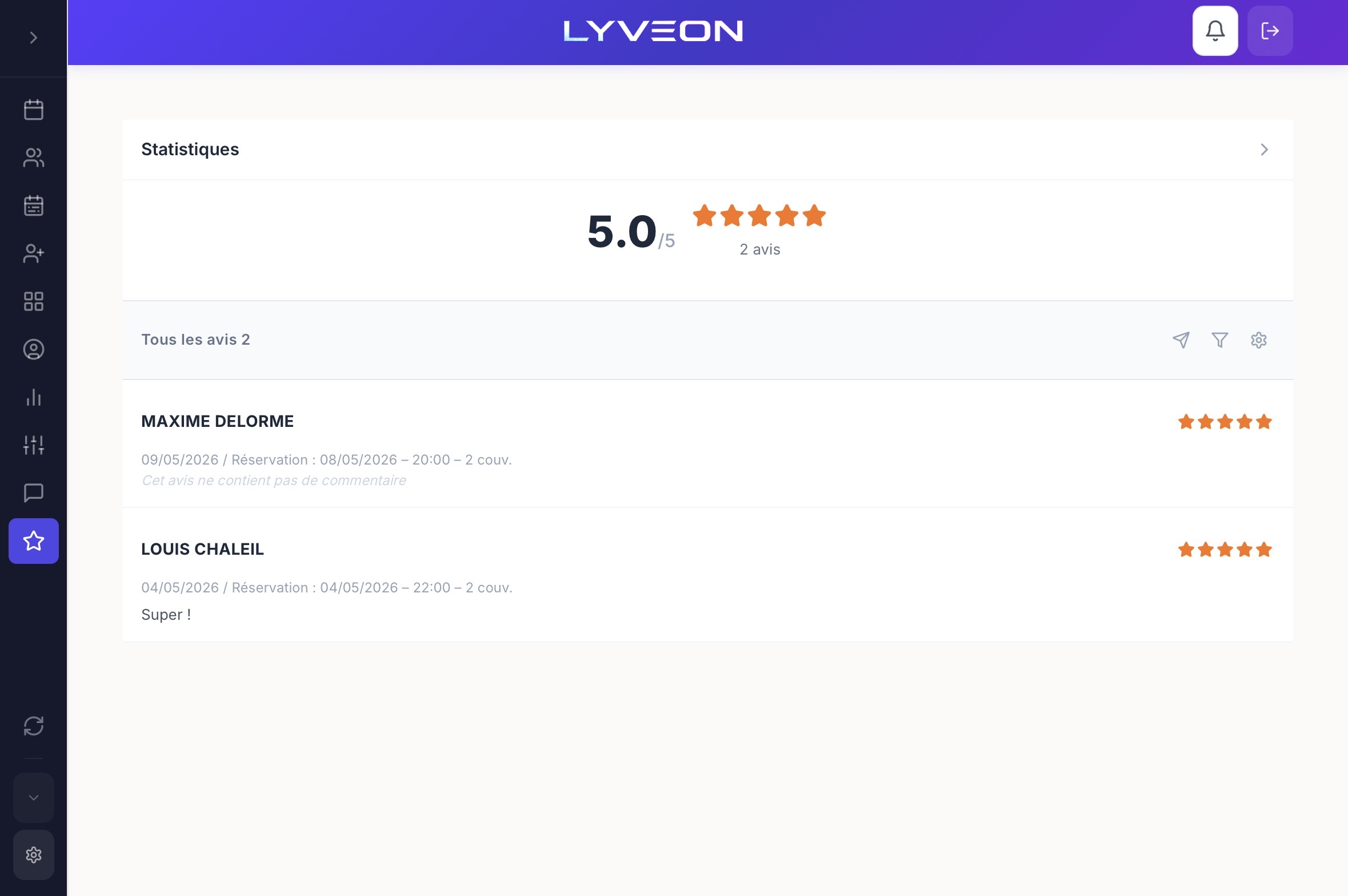 Vue des avis clients consolidés dans Lyveon