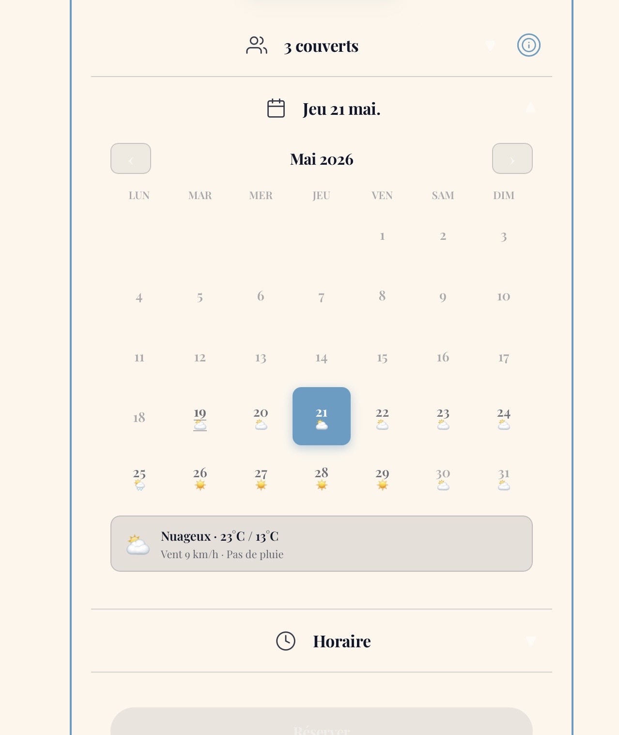 Formulaire avec dispos et météo intégrée